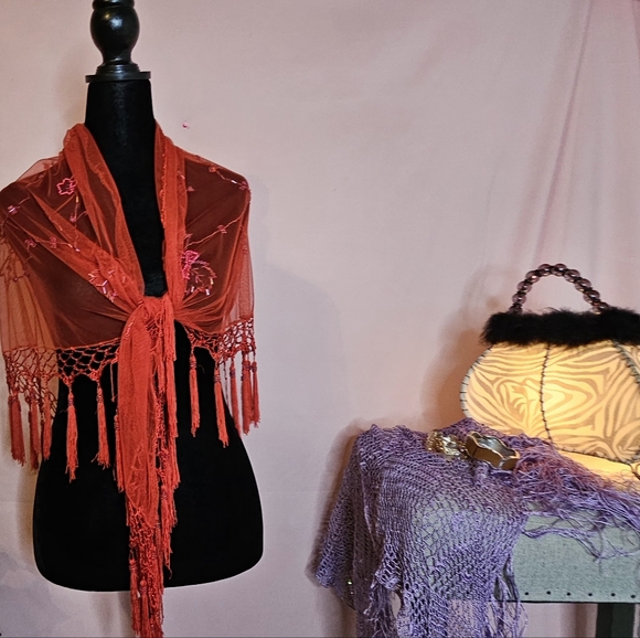 A distinctive Floral Sheer Shawl Showcases Red Beadwork Embroidery. - Picture 4 of 10